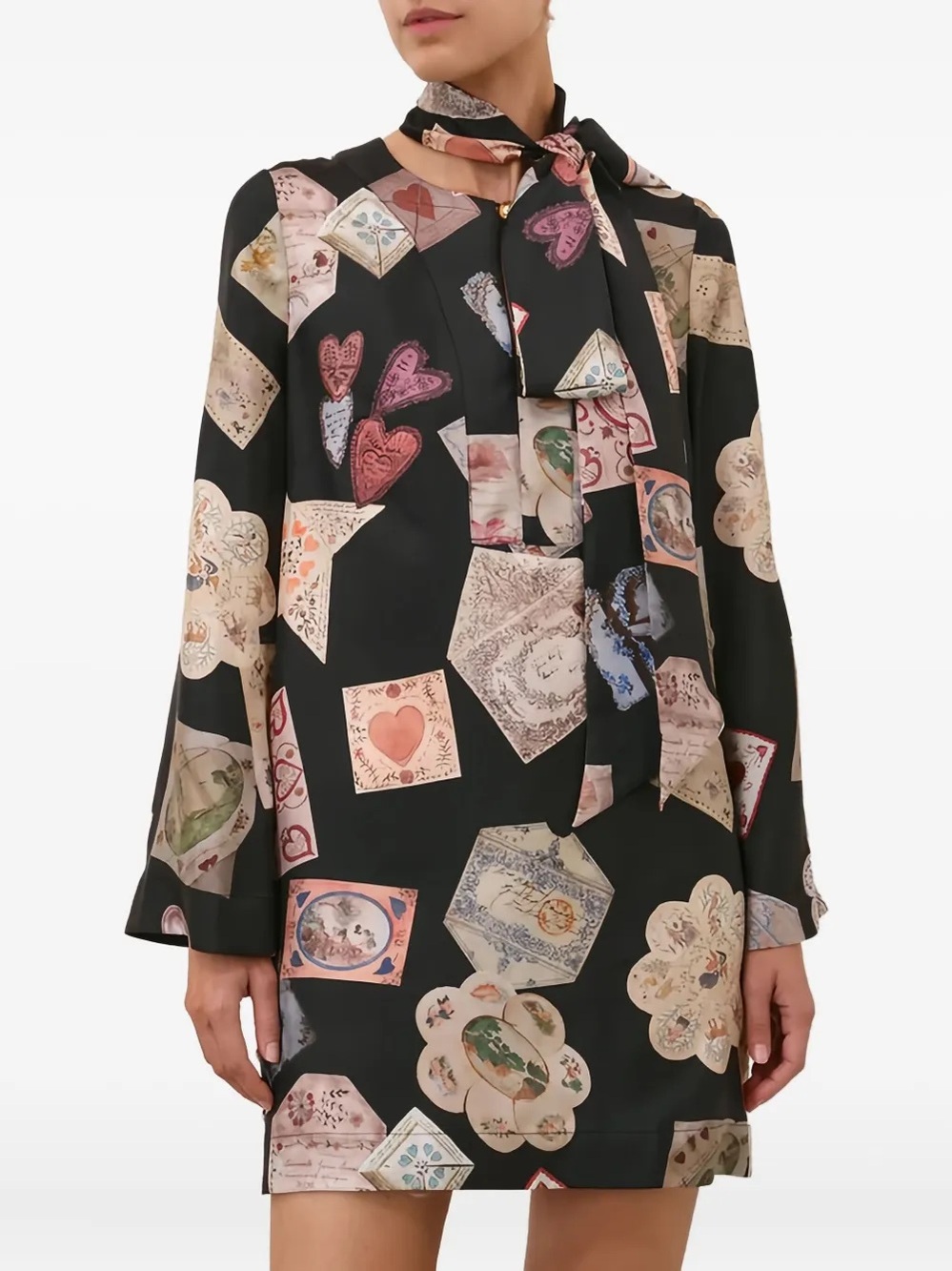Zimmermann Black Printed Tie-Neck Long Sleeve Mini Dress